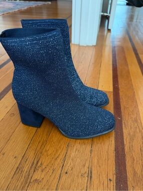 MIA Piana black silver knit stretch bootie sparkle holiday boot heels 7.5 NEW